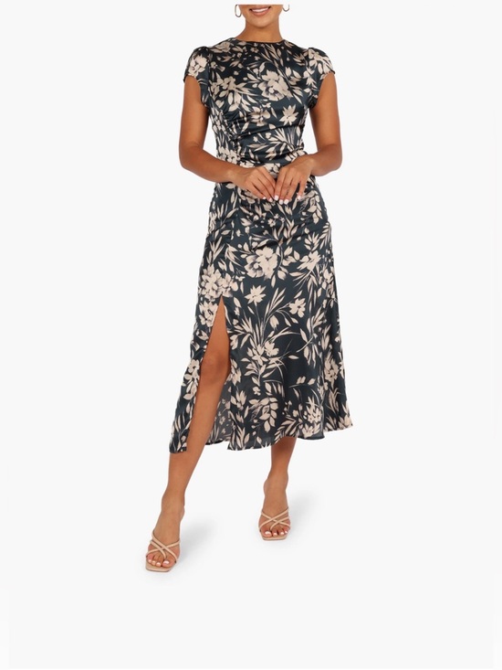 Petal & Pup Dresses & Skirts - Petal & Pup Lisbeth Floral Cap Sleeve Satin Teal Floral Print Midi Dress NWOT
